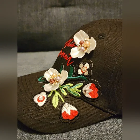 Floral Embroidered Black Cap "In This Moment" Upcycled Handmade Hat - Picture 3 of 7